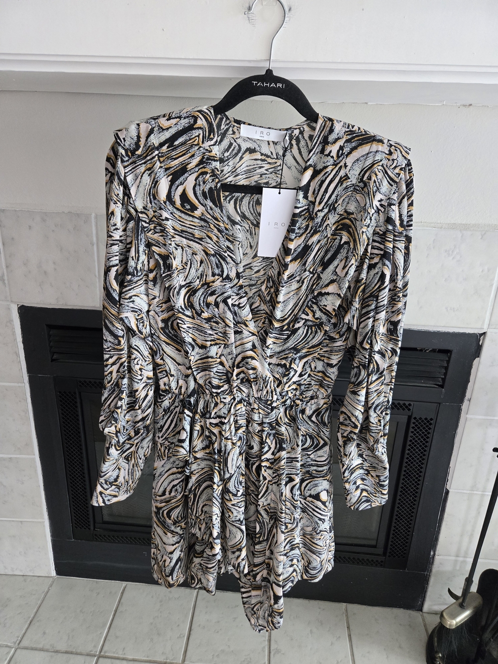 IRO Long Sleeve Swirl Print Dress in Black, White & Gold